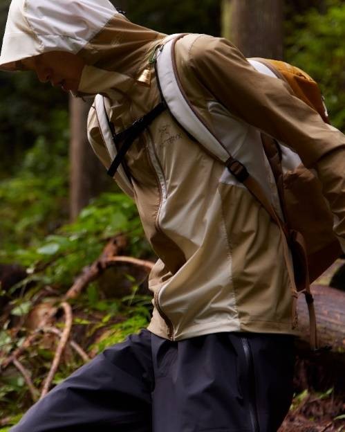 A person wearing a rain jacket and a backpackDescription automatically generated